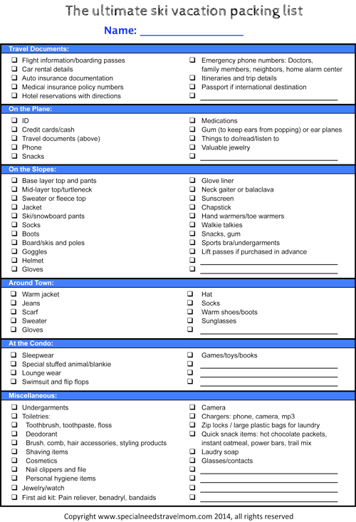 family ski vacation packing list